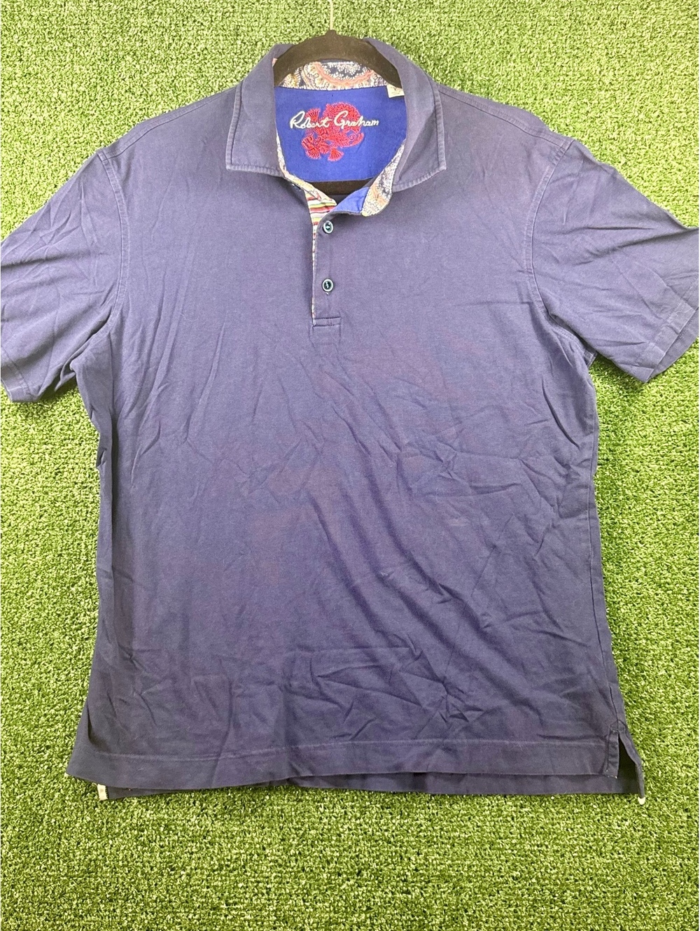 Robert Graham Polo Shirt Mens L Blue Classic Fit Paisley Collar Embroidered